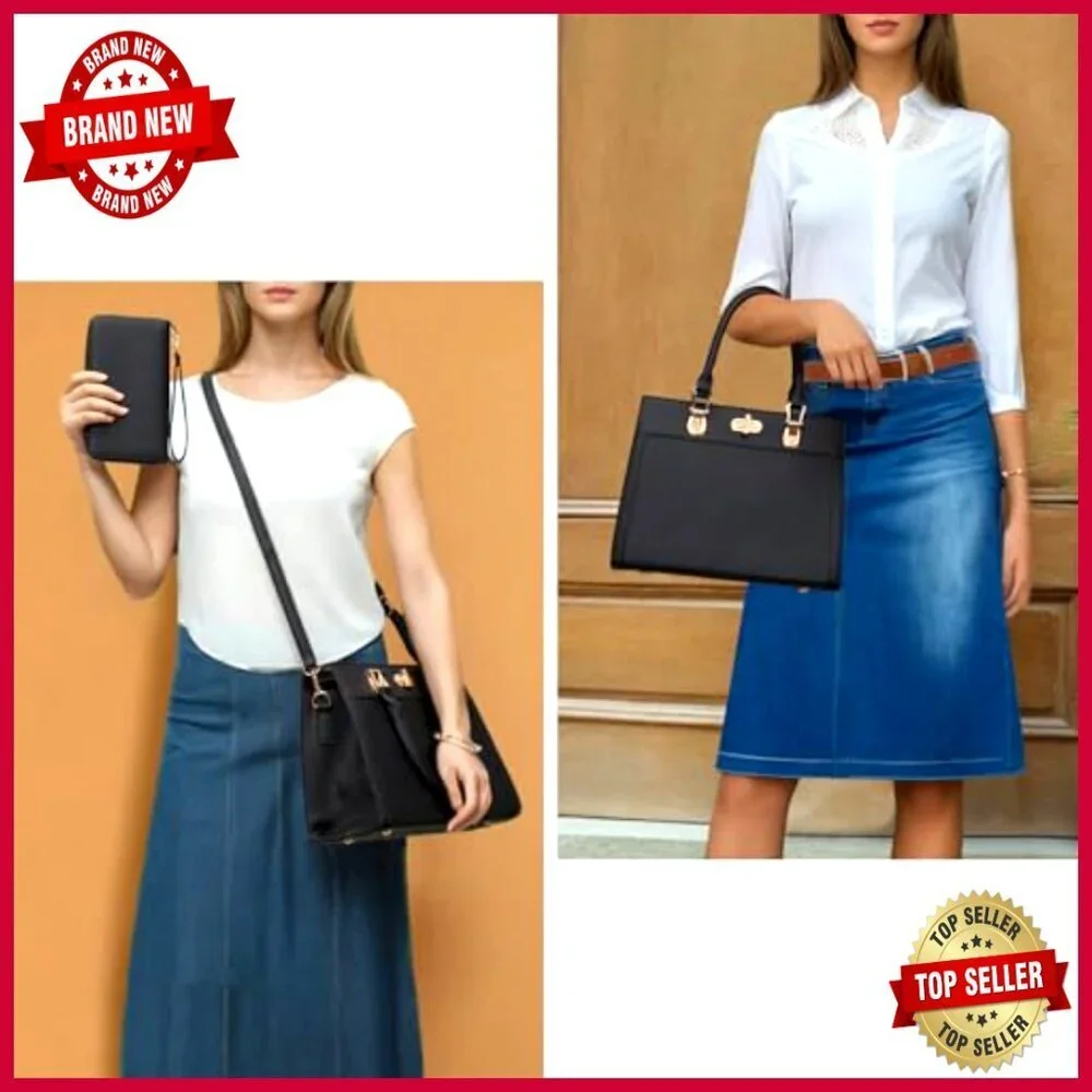 Large Vegan Leather Tote Satchel with Adjustable Crossbody Strap and Wallet